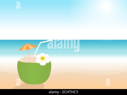 Coconut Juice or Coconut Water Drink, Coconut Cocktail on Beach. Vector Illustration. Stock Vector
