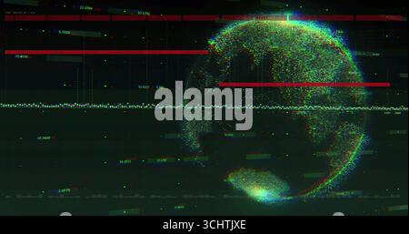 Displaying digital globe glitching on data display, red bars, pixels, green data points, copy space Stock Photo