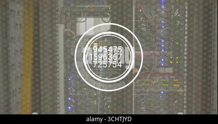 Displaying translucent digital overlay showing numeric data at data center, with mesh door Stock Photo