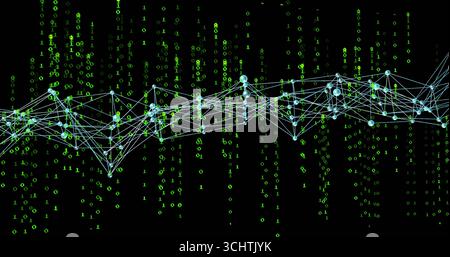 Pulsing teal node network flowing through cyberspace, with connecting lines and green binary digits Stock Photo