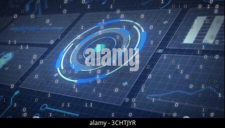 Showing concentric circular HUD element rotating at digital dashboard, with streaming binary digits Stock Photo