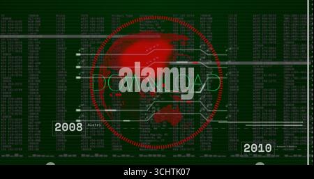 Screen displaying red grid world map DOWNLOAD text, horizontal lines, code matrix 2008 2010 labels Stock Photo