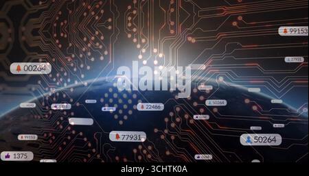 Displaying digital Earth globe orbiting virtual space, with glowing circuits and notification icons Stock Photo