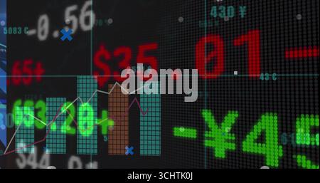 Displaying screen in data center, showing ticker values with currency symbols and bar, line charts Stock Photo