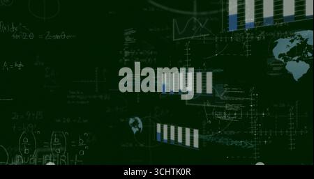 Displaying data screen presenting handwritten equations, chart segments, world map on green screen Stock Photo