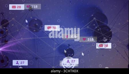 Displaying dark spheres linked by lines on purple backdrop, with envelope, heart, user icons Stock Photo