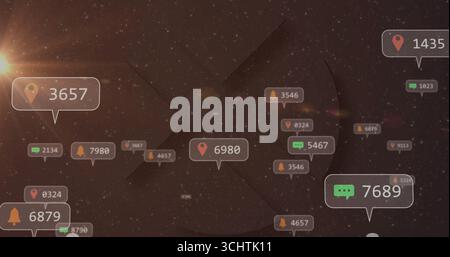 Displaying numeric data bubbles drifting in virtual network space, with pins, bells, chat icons Stock Photo