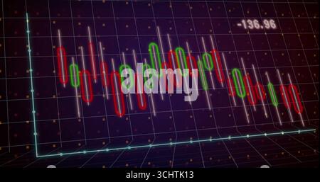 Showing red and green candlestick bars changing on 3D grid turquoise axes, wicks, floating -136 Stock Photo