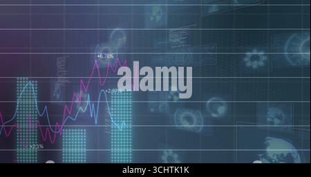 Displaying dashboard showing teal bars, magenta light-blue lines with percentage labels on screen Stock Photo