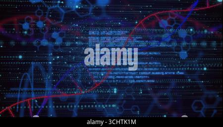 Sweeping red DNA double helix curve cutting through interface, with binary code and hexagon nodes Stock Photo