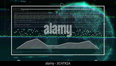White-bordered panel displaying algorithmic text and waveform in dashboard, with point-cloud sphere Stock Photo