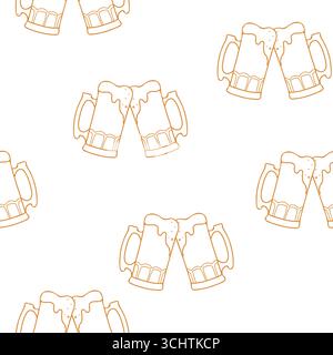Beer Seamless pattern. Toasting full beer mugs with a foam. Hand drawn brown line graphic Vector illustration in Doodle style isolated on background Stock Vector
