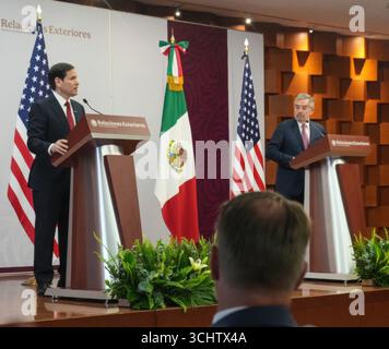 Mexico City, Mexico. 03rd Sep, 2025. U.S Secretary of State Marco Rubio, left, responds to a question during a joint press conference with Mexican Foreign Secretary Juan Ramón de la Fuente, right, following their bilateral meeting, September 3, 2025 in Mexico City, Mexico. The visit is Rubio's first trip to Mexico since taking office. Credit: Freddie Everett/US State Department Photo/Alamy Live News Stock Photo