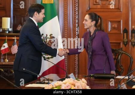 Mexico City, Mexico. 03rd Sep, 2025. U.S Secretary of State Marco Rubio, left, is welcomed by Mexican President Claudia Sheinbaum, right, on arrival for meetings at the National Palace, September 3, 2025 in Mexico City, Mexico. Credit: Freddie Everett/US State Department Photo/Alamy Live News Stock Photo
