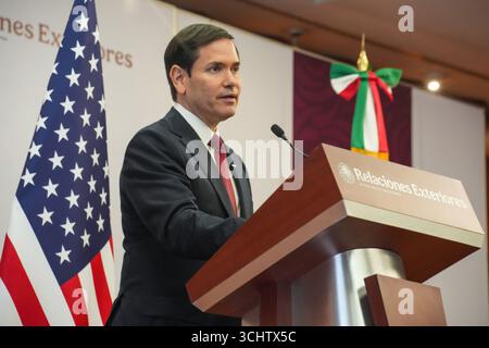 Mexico City, Mexico. 03rd Sep, 2025. U.S Secretary of State Marco Rubio, left, responds to a question during a joint press conference with Mexican Foreign Secretary Juan Ramón de la Fuente, right, following their bilateral meeting, September 3, 2025 in Mexico City, Mexico. The visit is Rubio's first trip to Mexico since taking office. Credit: Freddie Everett/US State Department Photo/Alamy Live News Stock Photo
