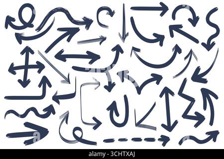 Brush stroke arrows, curved black grunge pointers of way direction icon set. Hand drawn paintbrush curve arrows of rough texture, dirty brushstroke scribble symbols collection vector illustration Stock Vector