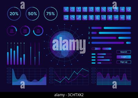 Modern Neon UI, UX and KIT elements interface with charts, graphics and ...