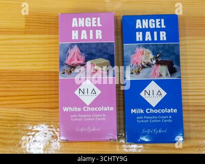 Uzhhorod, Ukraine - September 03, 2025: Angel Hair NIA chocolate bars with pistachio cream and Turkish cotton candy flavors Stock Photo