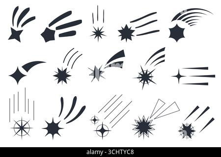 Shooting stars with tail, flying meteor silhouettes and comet falling in sky icon set. Shiny fast meteorites fall with trail simple shape, asteroid in space black flat symbols vector illustration Stock Vector