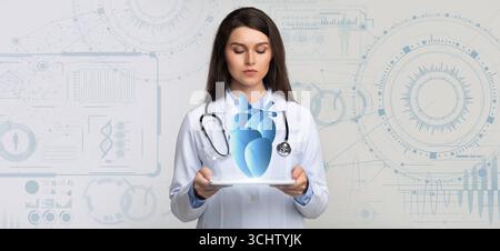Doctor using tech for healthcare innovations in a collage Stock Photo