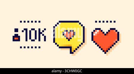 Speech bubble, heart and the number of people connected to the stream, drawn in Y2K pixel art style. Stock Vector