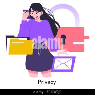 Vector illustration of a woman examining her smartphone with an expression of concern for privacy. Surrounded by digital icons like a lock and folders, emphasizing data security. Stock Vector