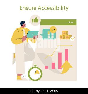 Vector illustration depicting the concept of ensuring accessibility with a person analyzing data on a tablet. Includes growth charts, positive feedback symbols, and productivity icons. Stock Vector
