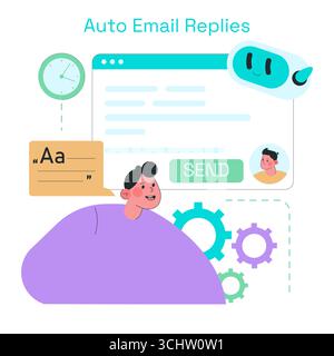 Vector illustration depicting an automated email reply system with icons and a person communicating with a chatbot. Elements include a chat interface, gears, and digital communication symbols. Stock Vector
