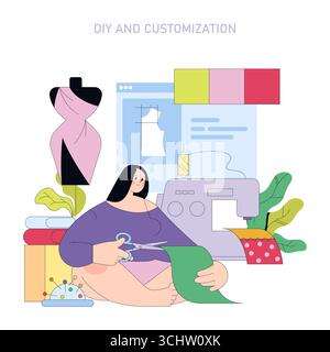 Vector illustration of a woman engaging in DIY customization. She is sewing and cutting fabric alongside a sewing machine, pattern, and dress form, focusing on creativity and personalization. Stock Vector