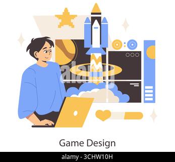 Vector illustration showing a game designer working on a laptop, crafting a dynamic rocket launch scene. The designer appears focused, highlighting the creative process in game development. Stock Vector