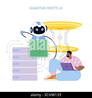 Vector illustration of a robot holding a quantum processor chip with a developer working on a laptop nearby. The scene symbolizes the integration of AI and quantum technology. Stock Vector