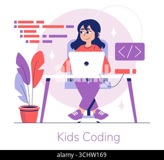 Vector illustration showing a girl engaging with coding on her laptop. The image features a colorful setup and portrays an educational scene depicting early programming skills for kids. Stock Vector