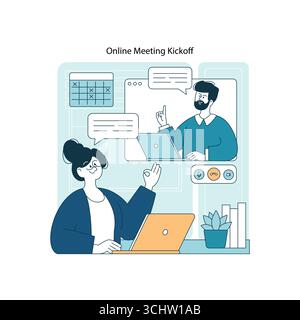 Vector illustration depicting an interactive online meeting kickoff. Two people engage in discussion using laptops and virtual chat, highlighting teamwork and remote communication tools. Stock Vector