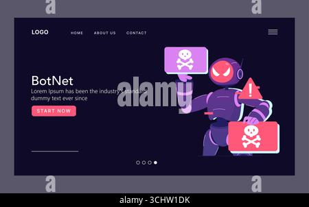 A futuristic robot holding a skull and crossbones sign and warning indicator emphasizes cybersecurity threats. This vector illustration highlights digital danger and cybercrime risks. Stock Vector