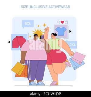Size-inclusive activewear shopping features two smiling individuals holding shopping bags and a smartphone. This vector illustration emphasizes online shopping for diverse body sizes. Stock Vector