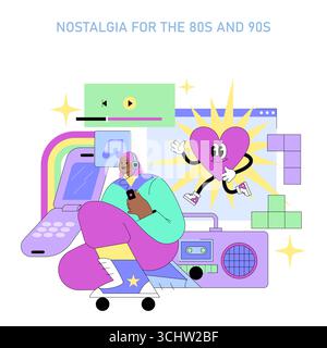 Nostalgic vector illustration highlighting iconic 80s and 90s elements. Features cassette player, flip phone, skateboard, retro heart character, and person enjoying music with headphones. Stock Vector