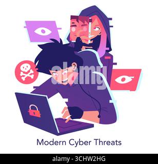 Digital illustration depicting modern cyber threats with a hacker actively working on a laptop. The image captures the concept of cybersecurity risks and digital crime in a contemporary style. Stock Vector