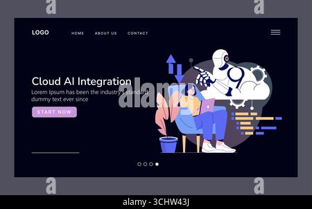 Vector illustration of a woman using a laptop while interacting with a robot for cloud AI integration. The scene depicts technology partnership and innovation in a digital workspace. Stock Vector