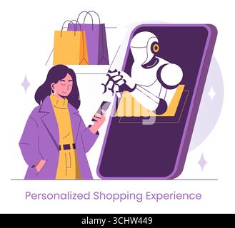 Vector illustration of a woman using her smartphone for a personalized shopping experience with an AI assistant. The robot extends its hand from a digital tablet, symbolizing modern e-commerce. Stock Vector