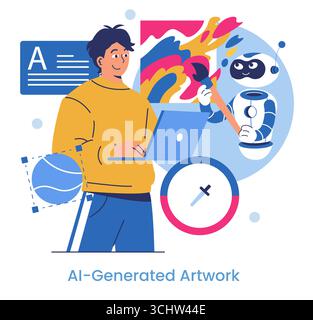 Human artist and robot collaboratively work on digital artwork using a laptop and paintbrush, blending traditional and AI methods. Vector illustration depicts creative teamwork. Stock Vector