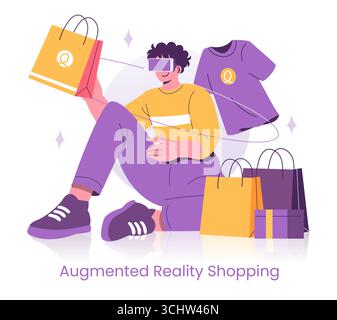 Person wearing VR headset engaged in virtual shopping with augmented reality, showcasing a futuristic retail experience with interactive elements and digital convenience. Vector illustration. Stock Vector