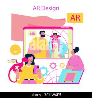 Vector illustration showing people engaging with augmented reality technology. In the image, a person interacts with a digital device featuring AR elements like a dragon, expressing excitement and curiosity. Stock Vector