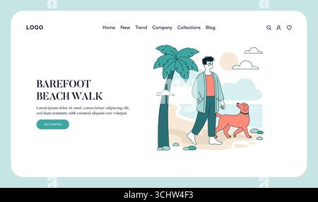Vector illustration depicting a man walking barefoot with his dog on a sandy beach, framed by a palm tree. The setting is peaceful with soft skies and ocean vibes. Stock Vector