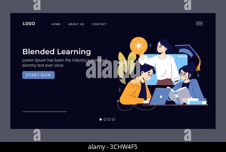 Vector illustration of students interacting online and offline, symbolizing blended learning. Diverse group engaged with laptops and books, showcasing collaborative education dynamics. Stock Vector
