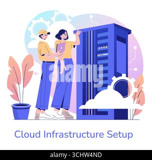 Vector illustration of a team collaborating to set up cloud infrastructure. Two people are shown working together, with one holding a tablet and the other pointing at a server. Stock Vector