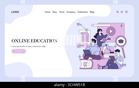 Online education platform concept illustrating engaged participants using digital devices for learning. Features people reading, watching videos and interacting with content. Stock Vector