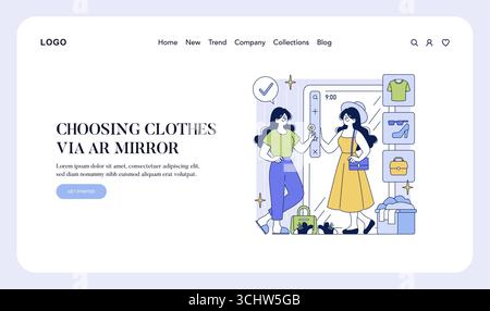 Interactive vector illustration of two women engaged in choosing clothes using an augmented reality mirror. The scene depicts advanced technology enhancing retail experiences. Stock Vector