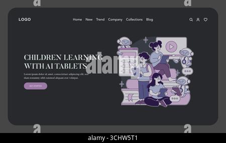 Vector illustration depicting children using AI tablets for learning. The scene includes kids interacting with digital devices, surrounded by educational elements and friendly robots. Stock Vector