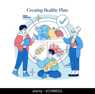 Vector illustration showing three people discussing healthy food choices, including fruits, vegetables, grains, and proteins. Emphasizes teamwork in nutrition planning. Stock Vector