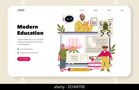 Modern education concept with interactive online learning, featuring students exploring digital biology topics on a large screen. Vector illustration depicting diverse educational tools. Stock Vector